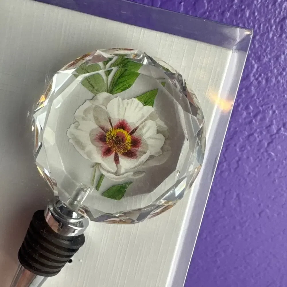 Fringe Printed Crystal Wine Stopper White Flower Faceted Glass Topper NIB